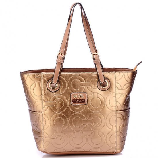 Coach In Printed Signature Medium Gold Totes BBG Coach In Printed Signature Medium Gold Totes BBG